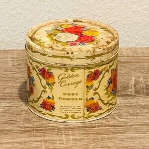 VTG Golden Corsage Apple Blossom Tin Body Powder Full 1940s